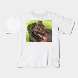 Painting of a Brown Brindle Long Hair Dutch Shepherd with its Tongue Out Kids T-Shirt